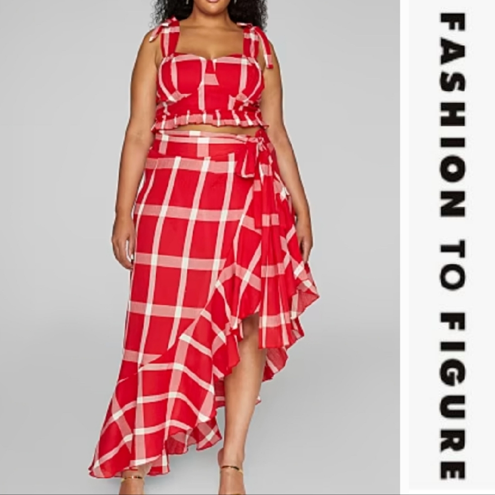 Fashion to Figure Red Plaid Ruffle Wrap Skirt Set
